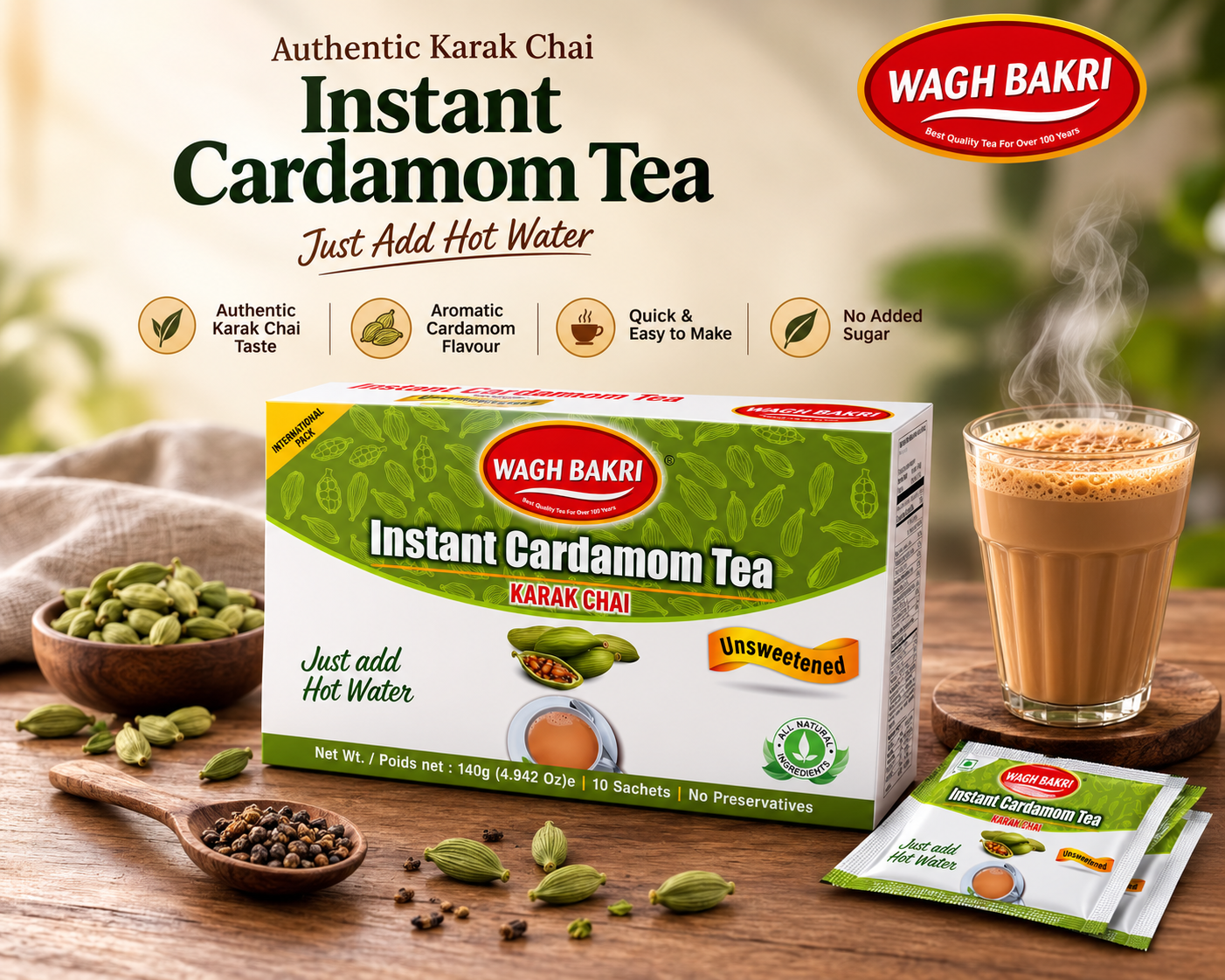 Wagh Bakri Instant Cardamom Tea (Unsweetened)